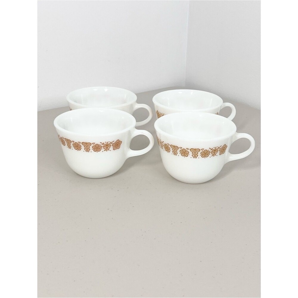 Vintage Set of 4 Pyrex Butterfly Gold Milk Glass Coffee Tea Cup